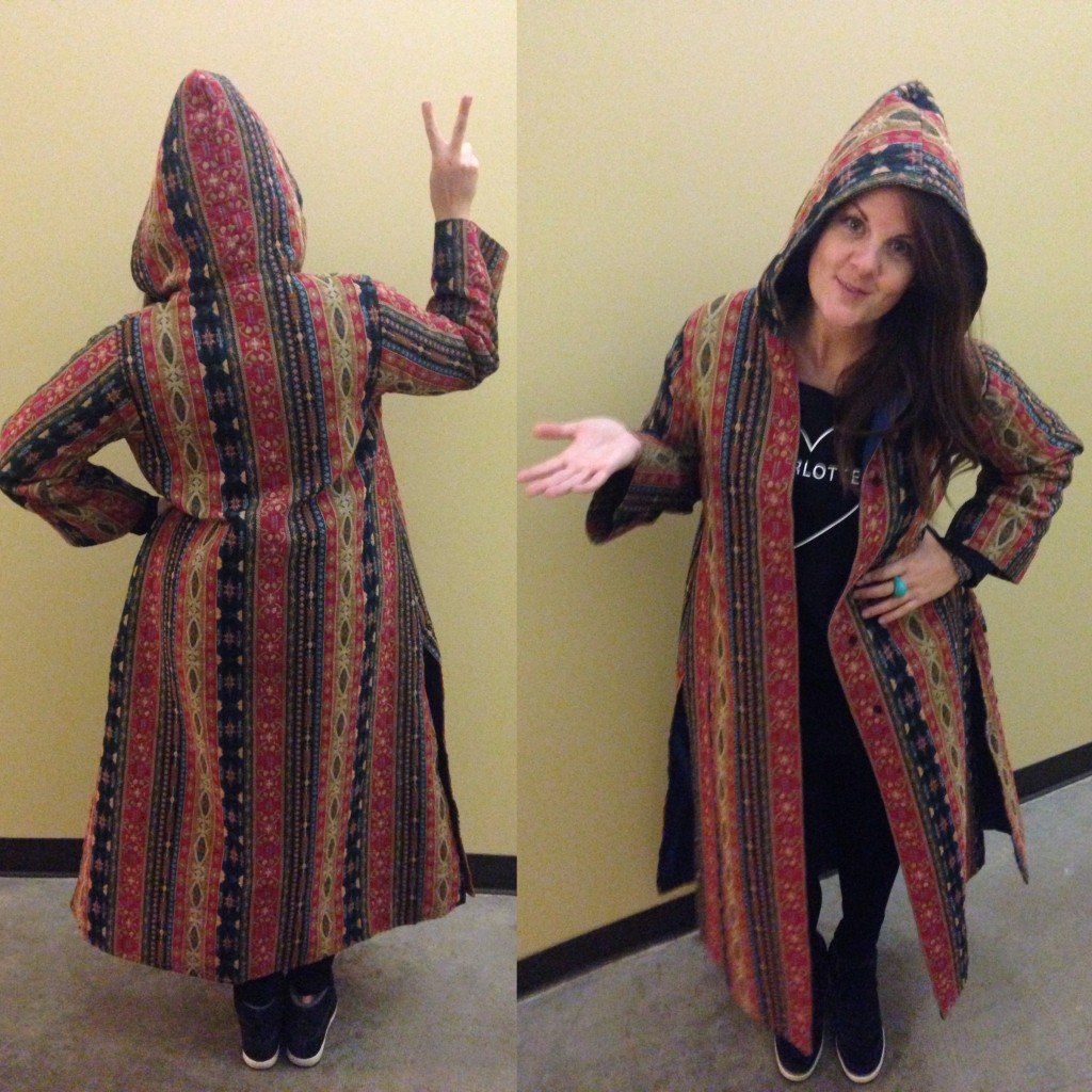 Seriously, can there be a better jacket? Torrie rocking her Value Village find! #thesavageway