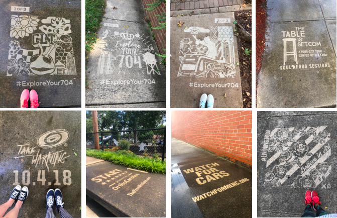 8 reverse graffiti images created by #thesavageway. These clean messages on a dirty sidewalk are used to bring attention to brands like OrthoCarolina, Carolina Hurricanes, NCDOT, Novel NoDa and LGA.