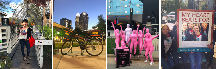 four pictures showcasing the Creative Marketing services of #thesavageway - smiling girl holding a poster, a billboard advertising bicycle, 8 women in head to toe pink suits representing the 1 in 8 women who get breast cancer, and a group of smiling women behind a photobooth for Atrium Health (formerly Carolinas Healthcare)