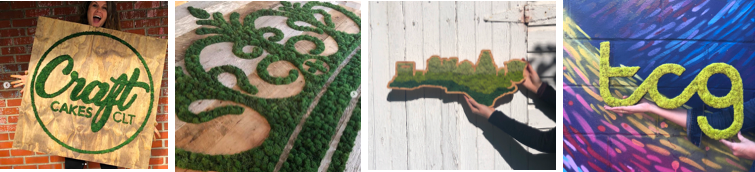 Four images of Moss Art by #thesavageway for including the Craft Cackes CLT logo in forest green moss, the Charlotte CBD logo, a Charlotte skyline made of moss, and a TCG logo covered in moss for The Creative Group.