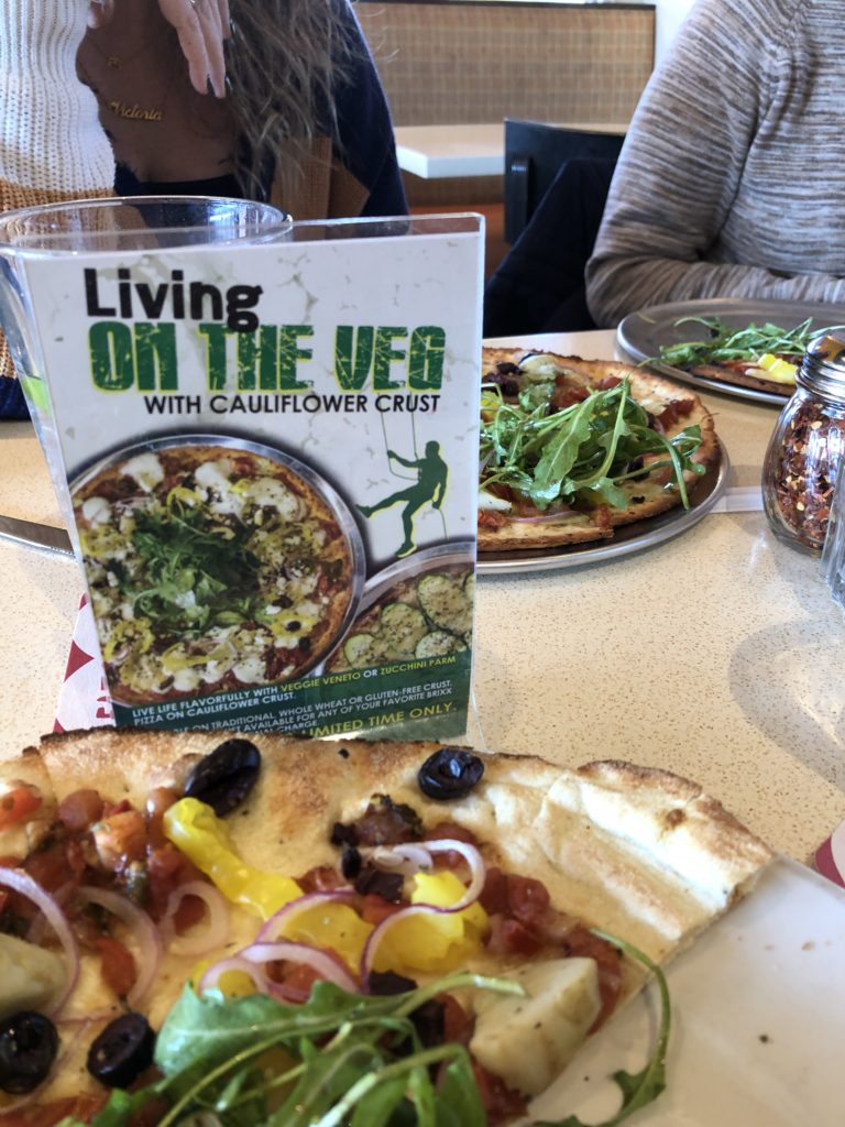 friends eating at a pizza place.