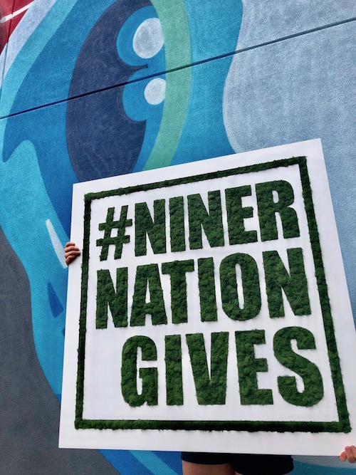 Large white board, routed and filled with green moss creating the phrase #NinerNationGives