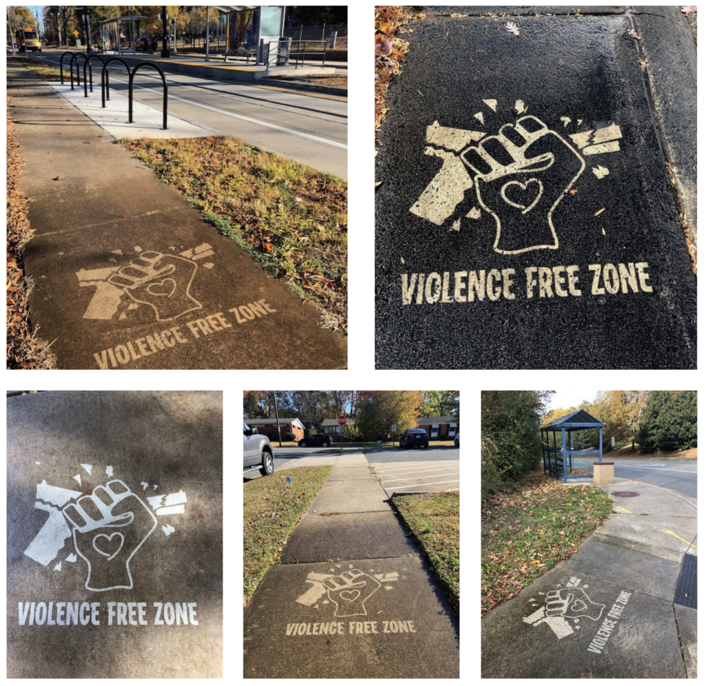 Five images of clean graffiti (aka pressure washed messages on the sidewalk) for Mecklenburg County Gun Violence Prevention