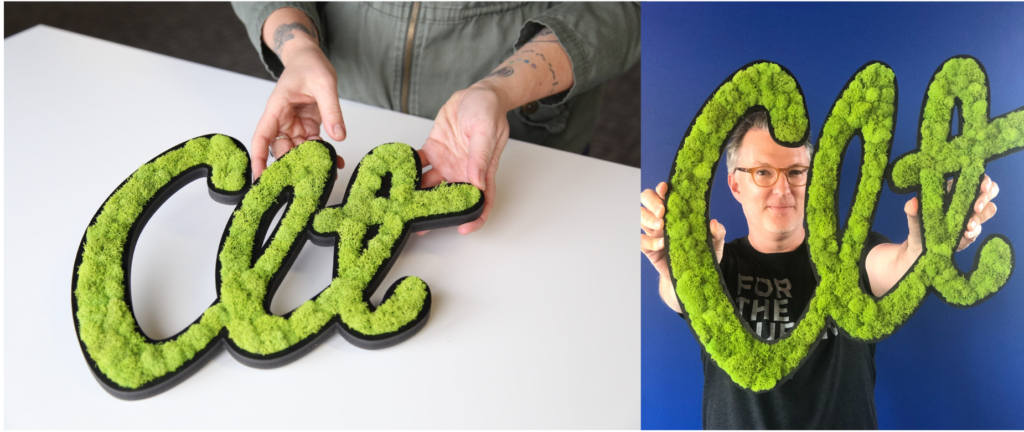 Two images of a mossed "CLT" piece of art. One laying on a table and one being held by a Client.