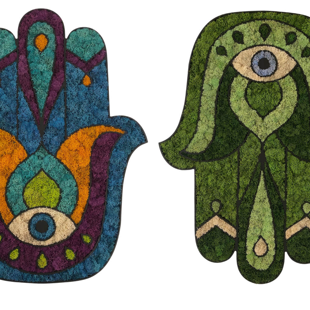 Two Preserved Moss Hamsa Hands, one jewel toned and one all green by The Savage Way.