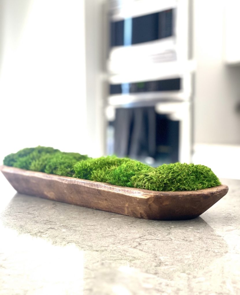 A gorgeous preserved Moos Moss bowl by The Savage Way sitting on a chic, modern kitchen counter.