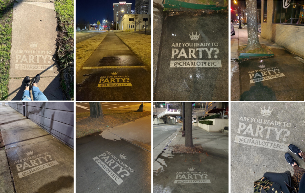 Eight photo collage of Clean Graffiti (a pressure washed message on a sidewalk) for Charlotte FC in Charlotte, NC.