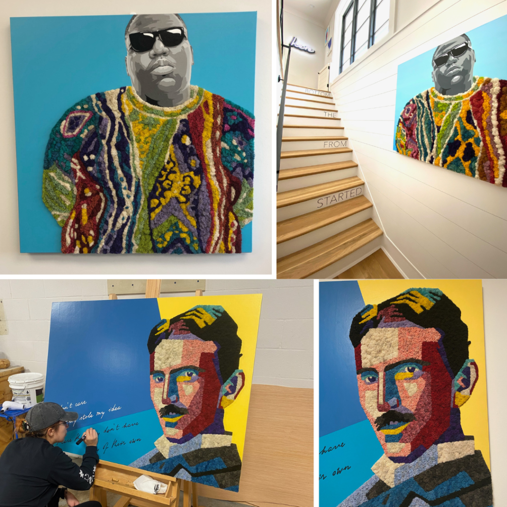 Artwork by The Savage Way made from paint and preserved reindeer moss. The COOGI sweater of Biggie and the color-block look or Nikola Tesla elevate this modern pop art to the next level.