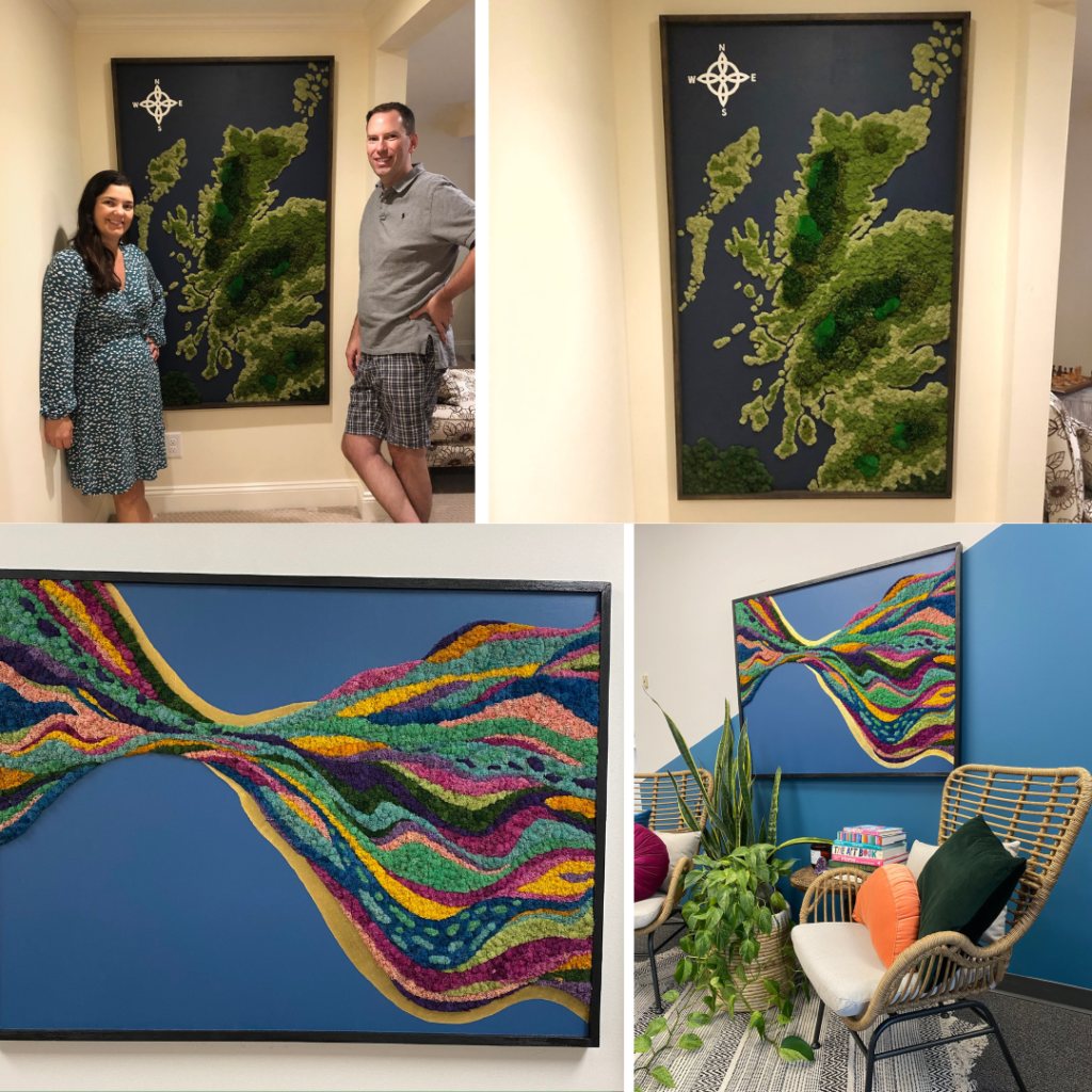Artwork by The Savage Way made from paint and preserved reindeer moss. The topographical map of Scotland and the twisting color swirl of the "Maya" take this modern pop art to the next level.